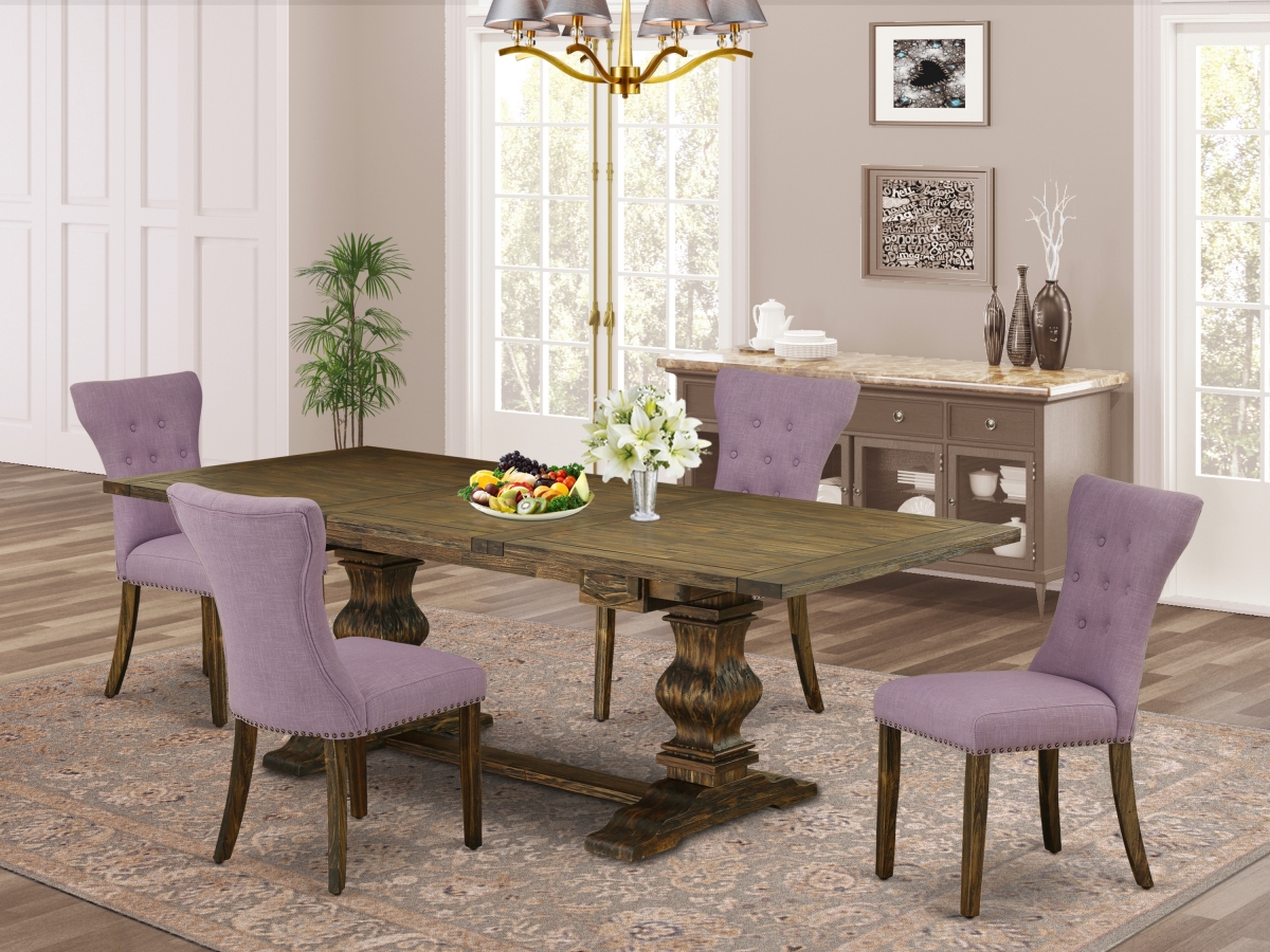 Lassale Dining Table Set with Brown Oak Chairs Legs & Brown Green Linen Fabric - Set of 4