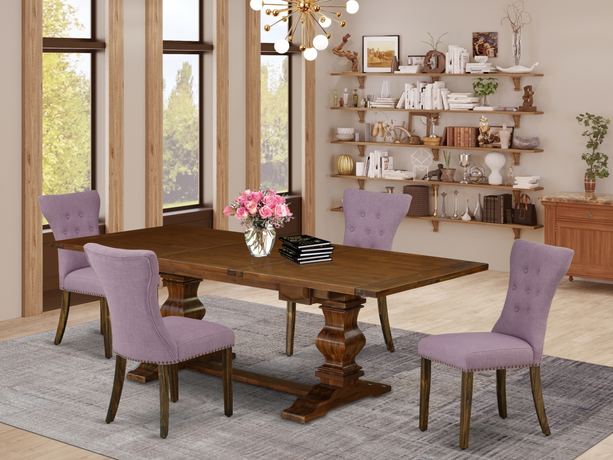 Lassale Dining Table Set with Brown Oak Chairs Legs & Brown Green Linen Fabric - Set of 4