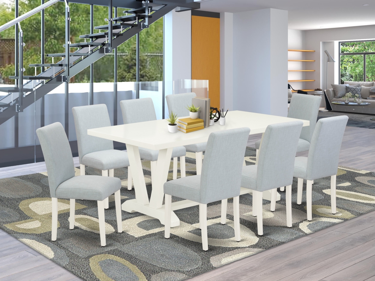 9 Piece V-Style Dining Room Table Set - Linen White