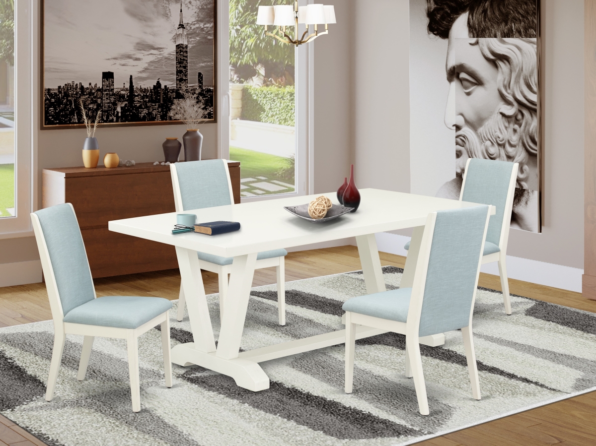 5 Piece V-Style Modern Dining Table Set - Wirebrushed Linen White & Baby Blue