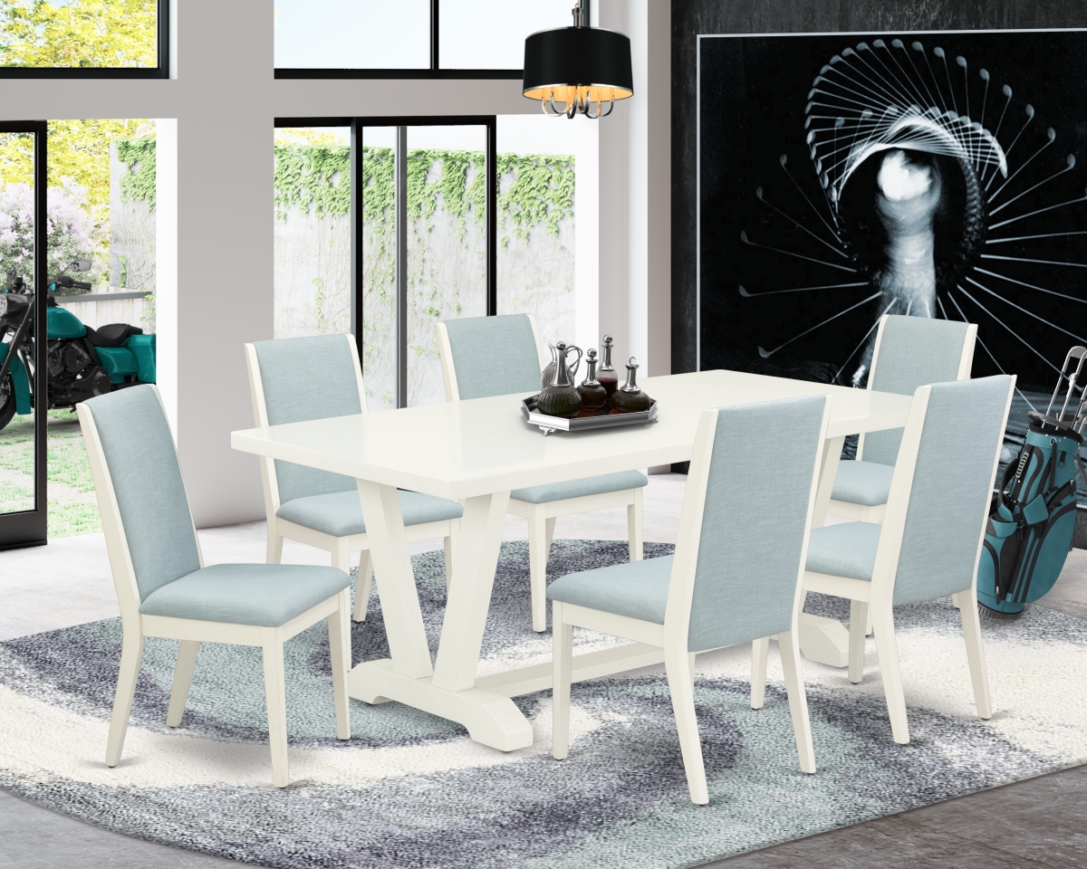7 Piece V-Style Dining Table Set - Wirebrushed Linen White & Baby Blue