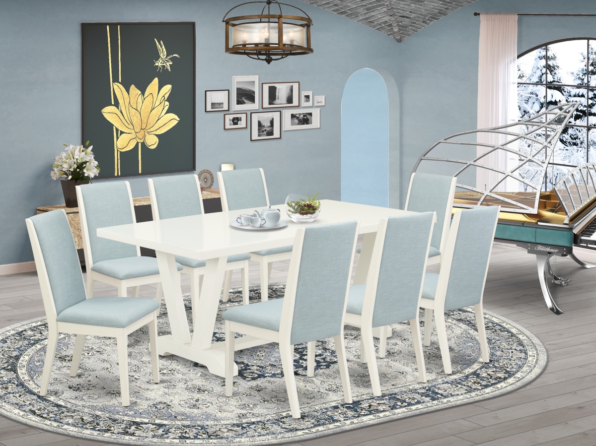 9 Piece V-Style Dining Room Table Set - Wirebrushed Linen White & Baby Blue