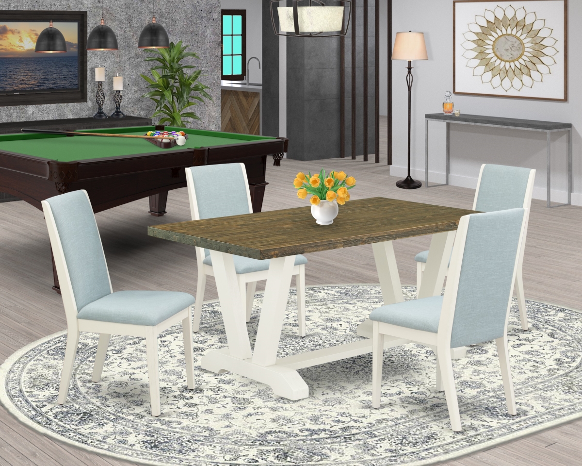 5 Piece V-Style Dining Table Set - Wirebrushed Linen White, Distressed Jacobean & Baby Blue
