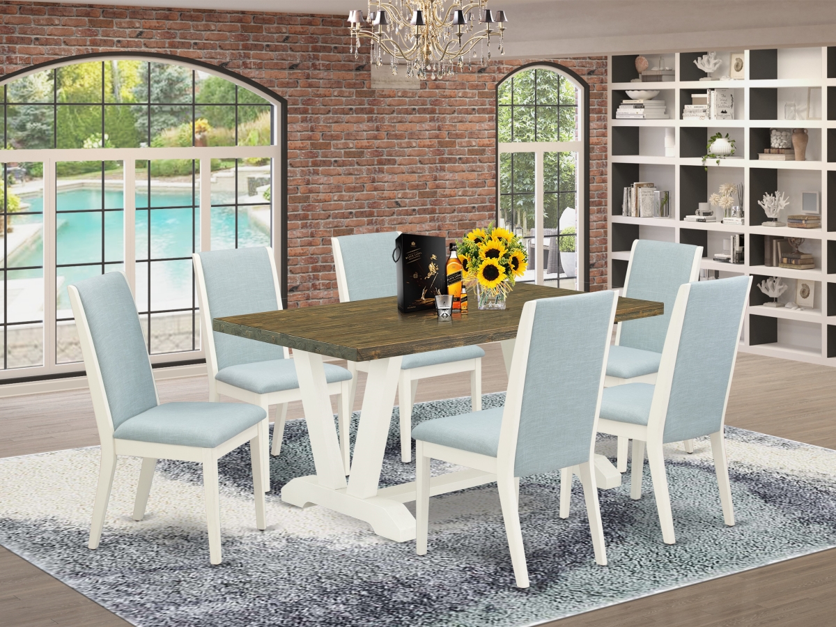 V076LA015-7 7 Piece V-Style Dinette Set - Wirebrushed Linen White, Distressed Jacobean & Baby Blue