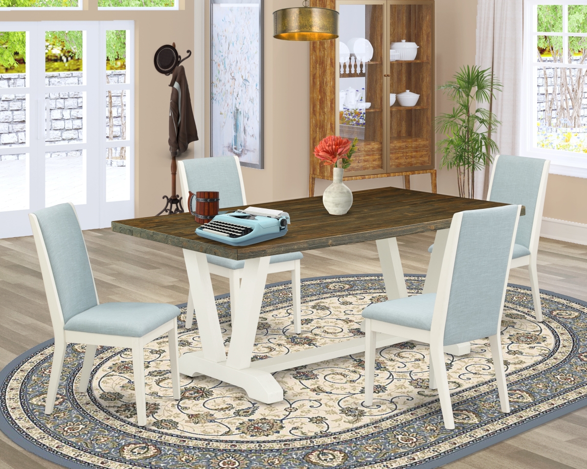 5 Piece V-Style Kitchen Table Set - Wirebrushed Linen White, Distressed Jacobean & Baby Blue