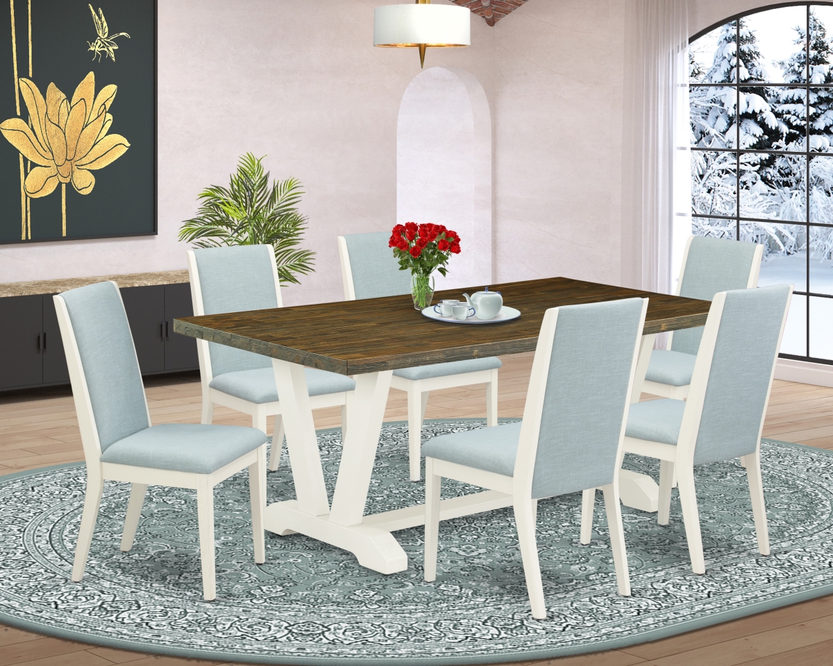 7 Piece V-Style Dining Room Table Set - Wirebrushed Linen White, Distressed Jacobean & Baby Blue