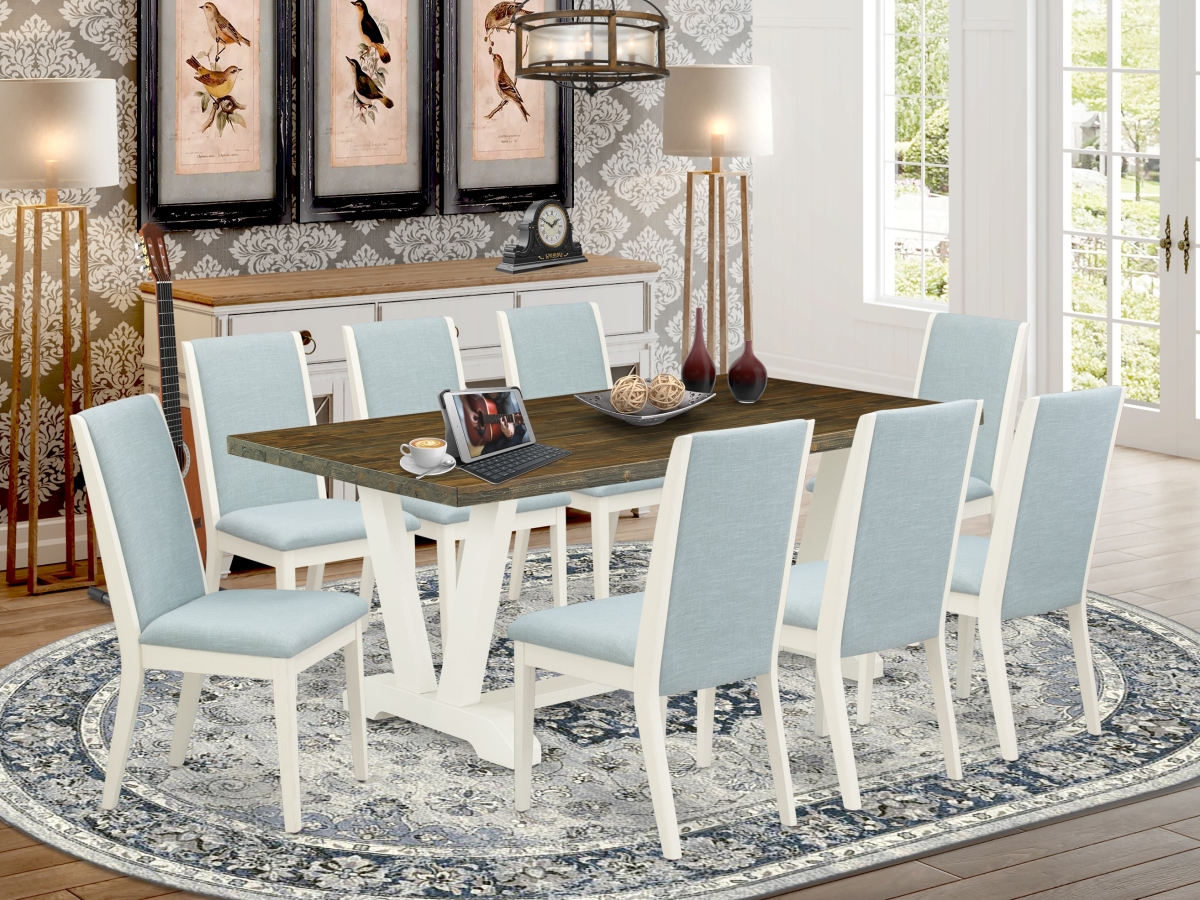 9 Piece V-Style Dining Table Set - Wirebrushed Linen White, Distressed Jacobean & Baby Blue