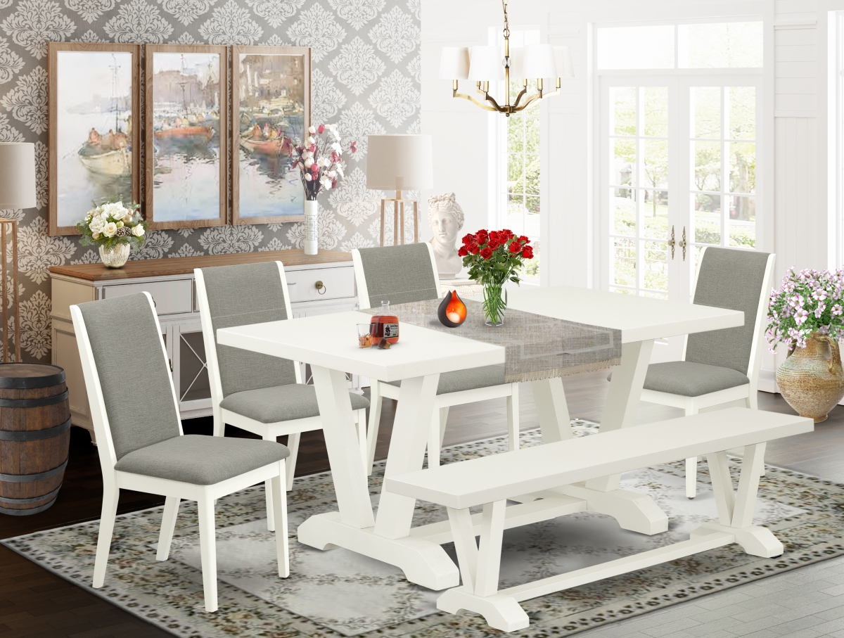 6 Piece V-Style Stylish Modern Dining Table Set - Linen White