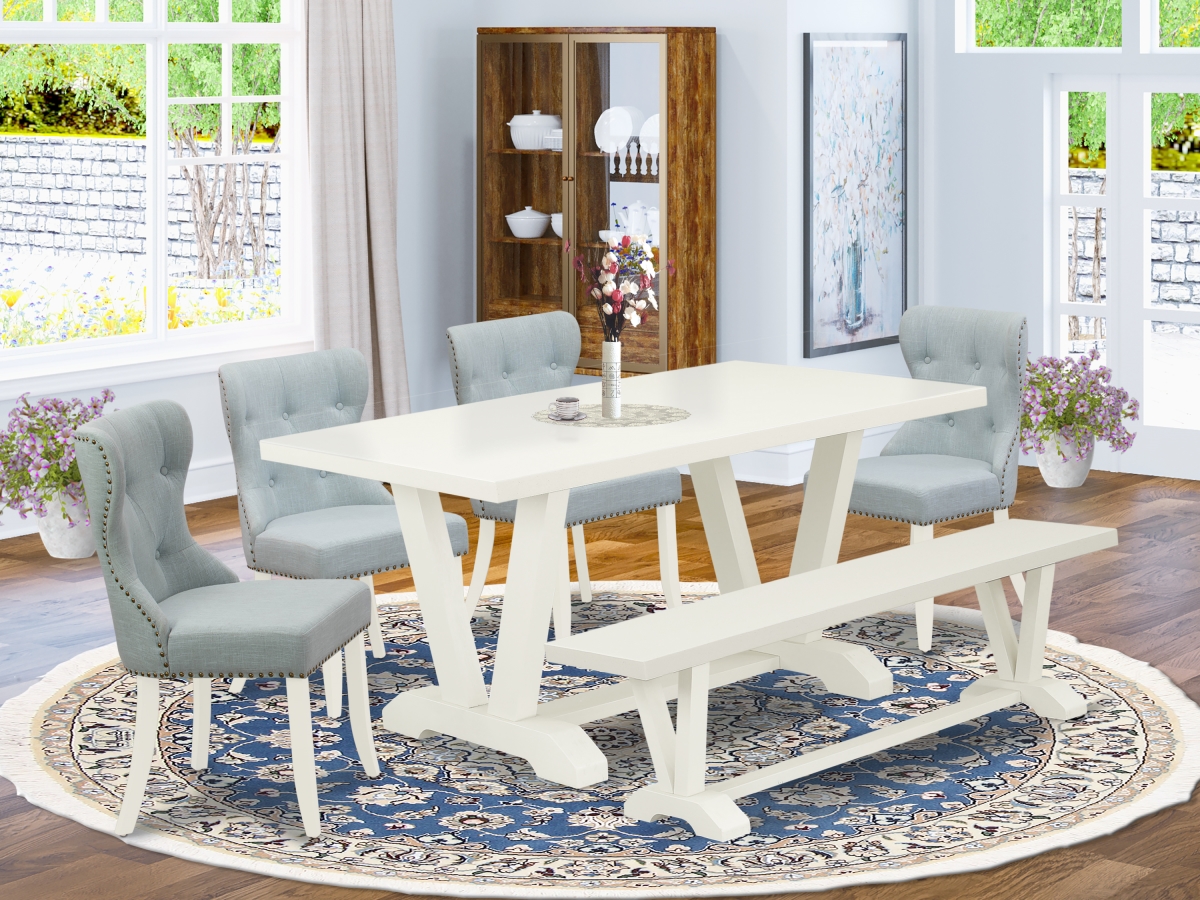 6 Piece V-Style Modern Dining Table Set - Linen White