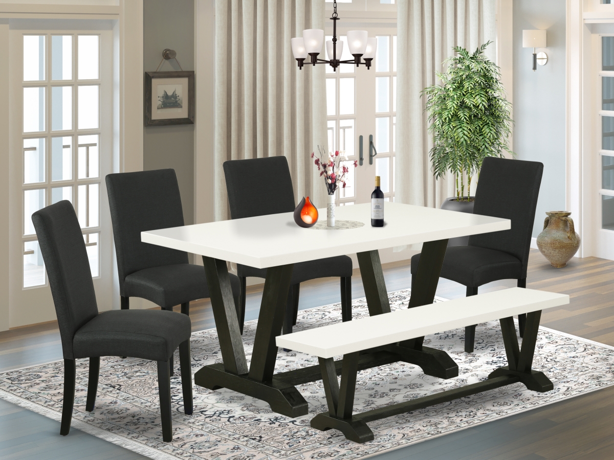 V626DR124-6 6 Piece V-Style Kitchen & Dining Room Set - Linen White & Black -  East West Furniture