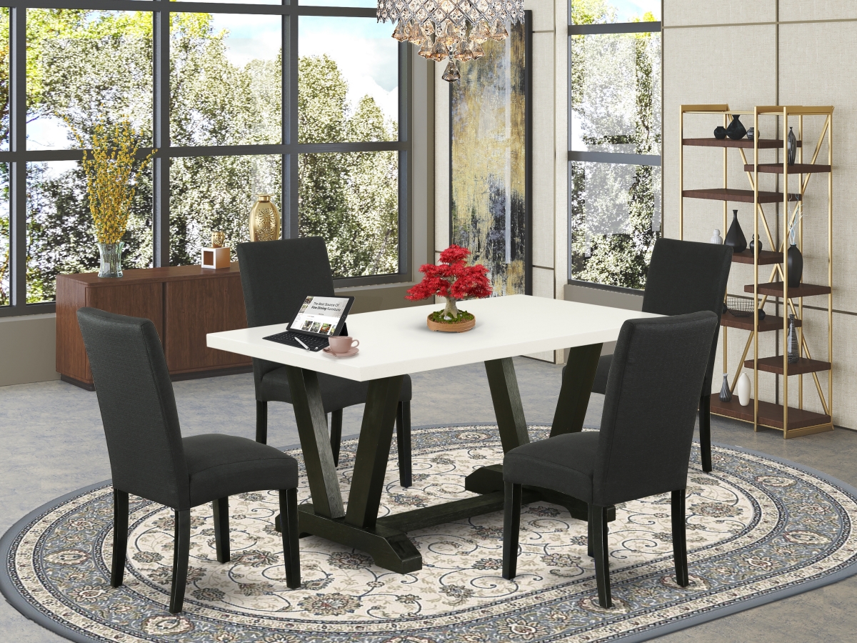 5 Piece V-Style Dining Table Set - Linen White & Black