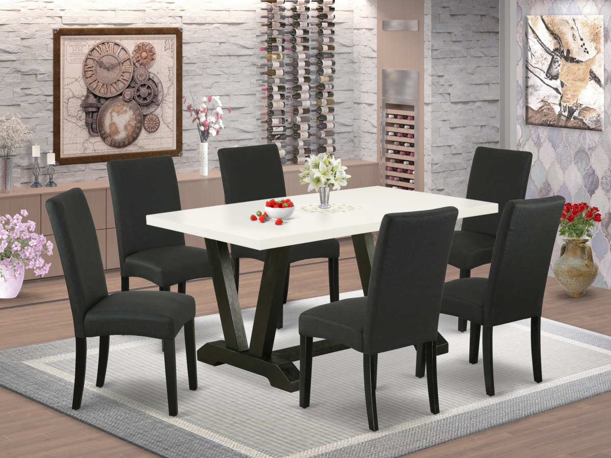 7 Piece V-Style Dining Table Set - Linen White & Black