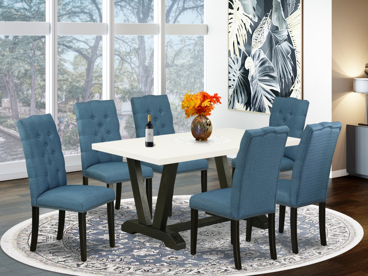 7 Piece V-Style Gorgeous Rectangular Table Set - Mineral Blue, Linen White & Wire Brushed Black