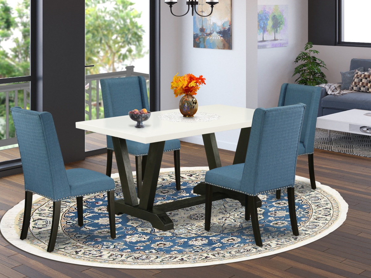 5 Piece V-Style Stylish Dinette Set - Mineral Blue, Linen White & Wire Brushed Black