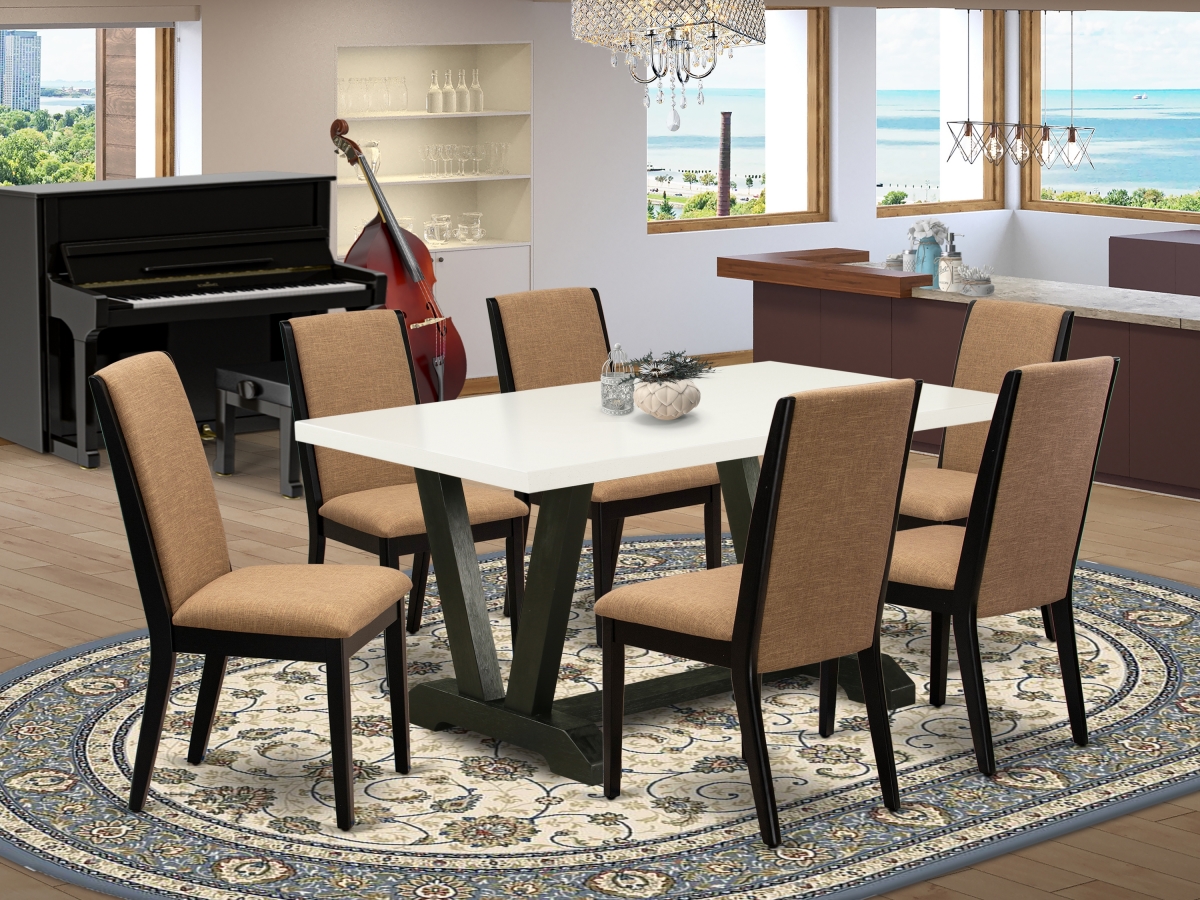7 Piece V-Style Amazing Dining Table Set - Light Sable, Linen White & Wire Brushed Black