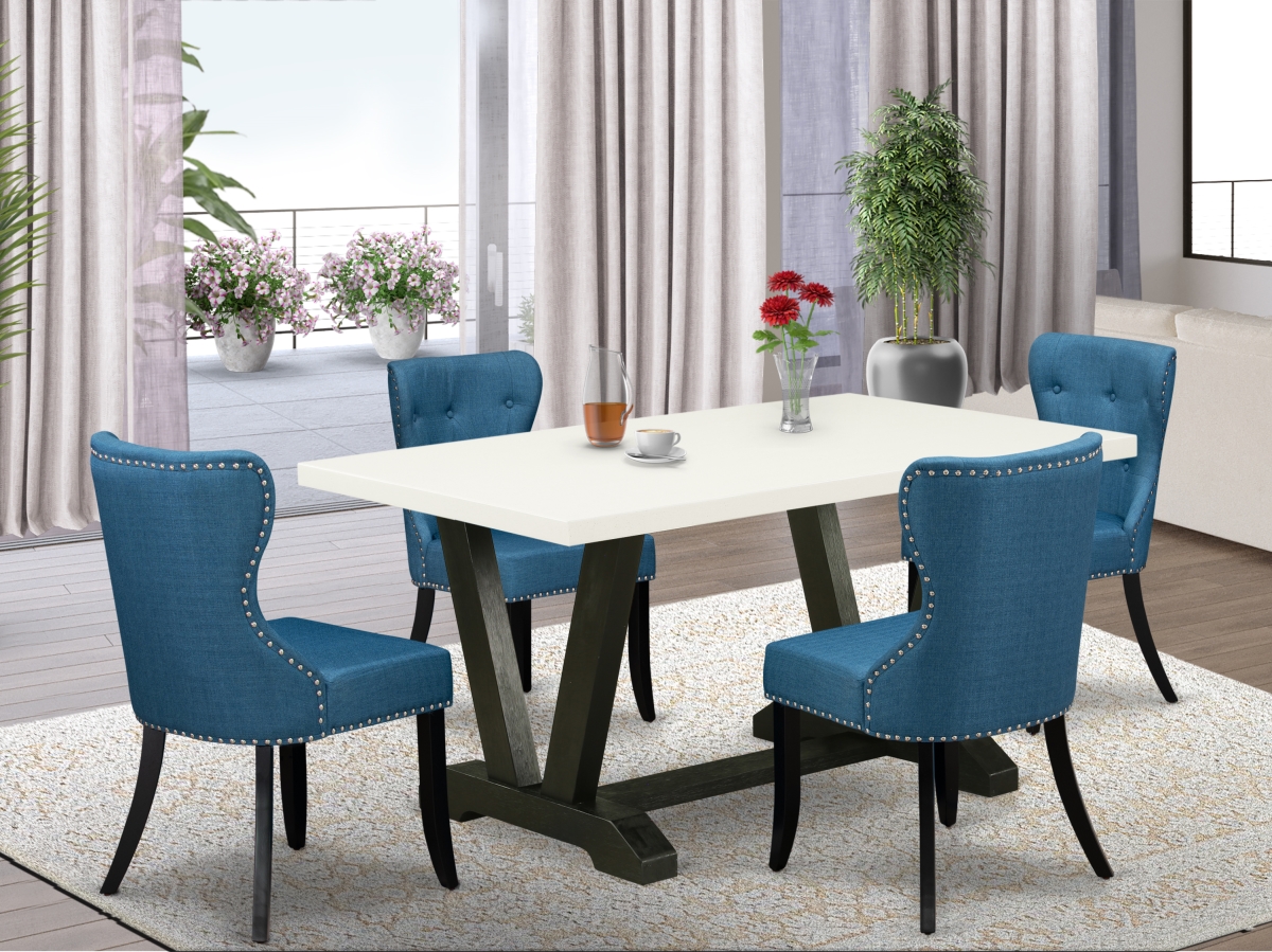 5 Piece V-Style Modern Dining Set - Linen White, Wire Brushed Black & Black