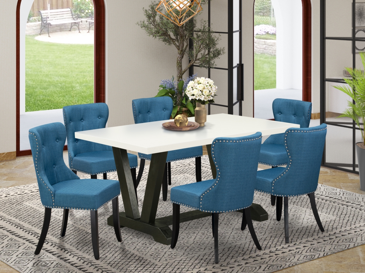 7 Piece V-Style Kitchen Dining Set - Linen White & Black