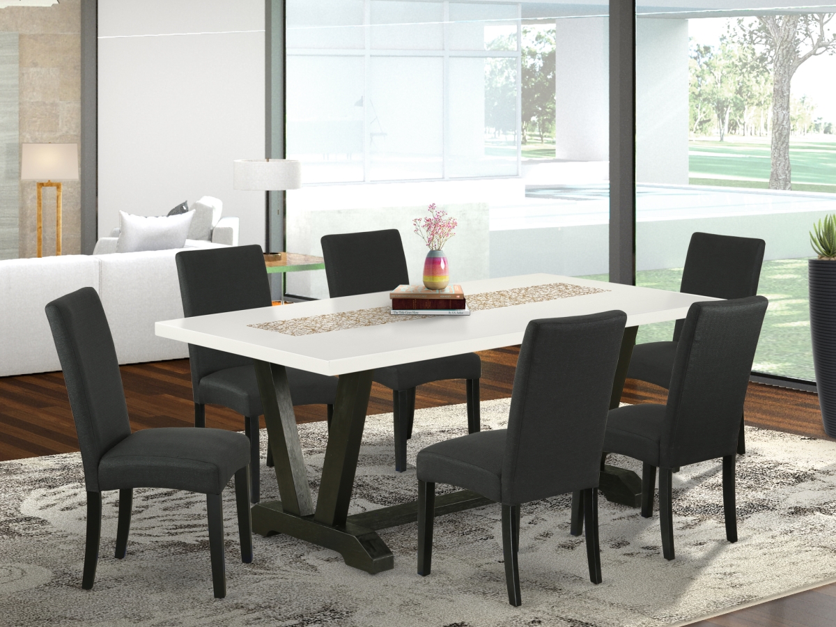 7 Piece V-Style Modern Dining Set - Linen White & Black