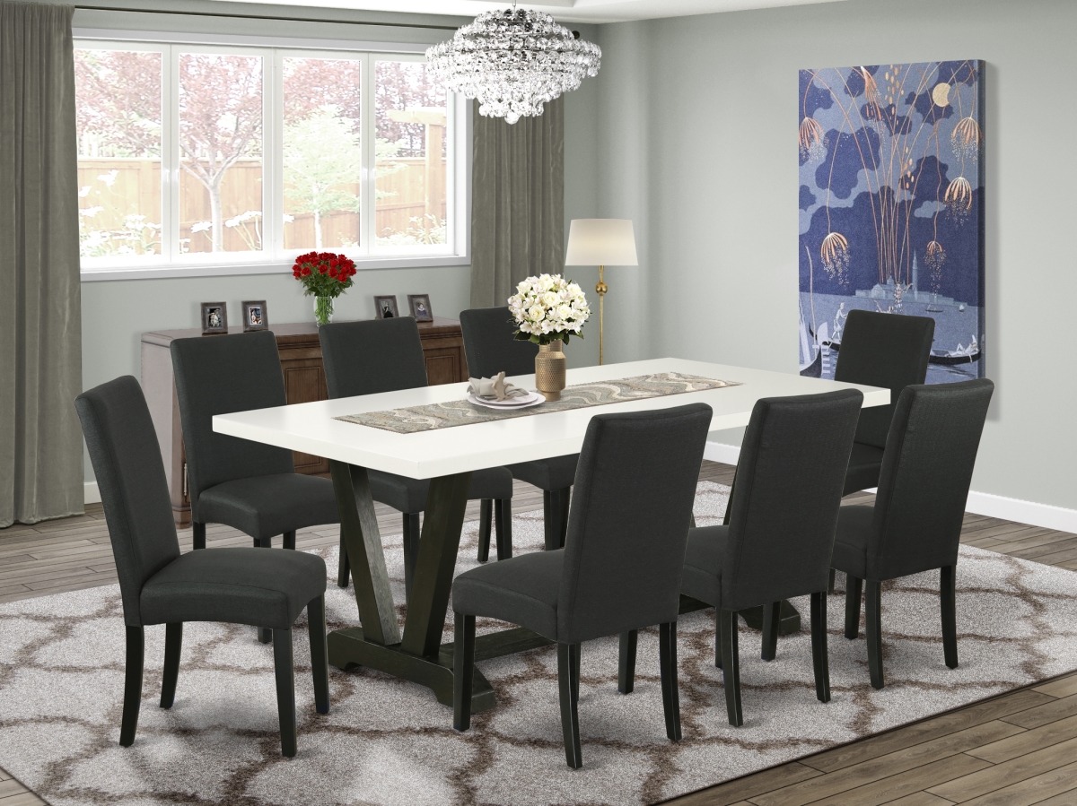 9 Piece V-Style Dinette Room Set - Linen White & Black