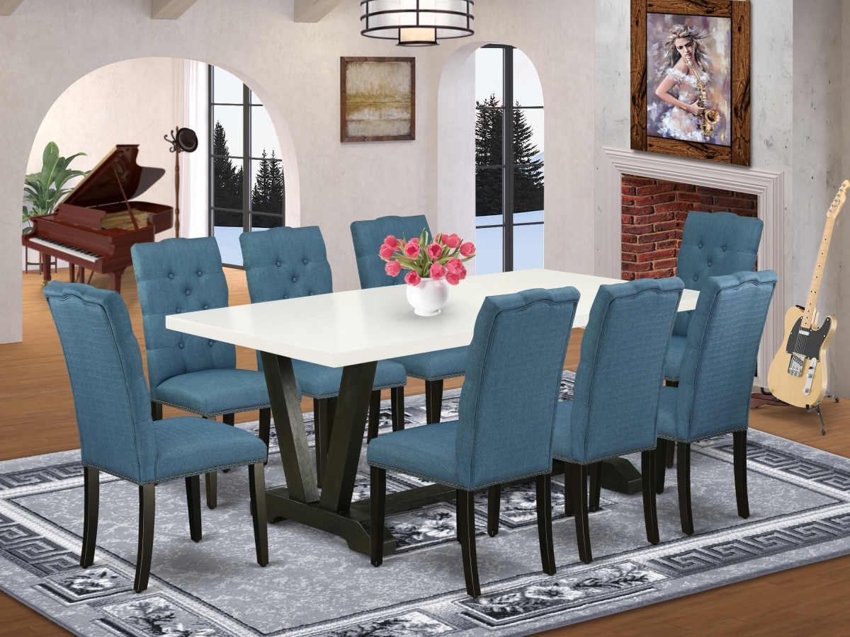 9 Piece V-Style Gorgeous Dining Room Table Set - Mineral Blue, Linen White & Wire Brushed Black