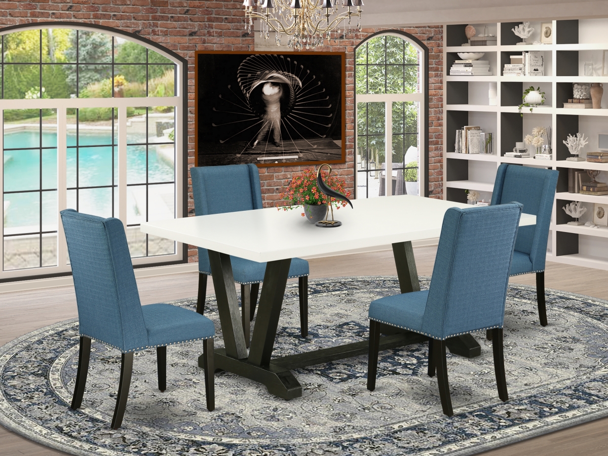 5 Piece V-Style Fashionable Rectangular Table Set - Mineral Blue, Linen White & Wire Brushed Black