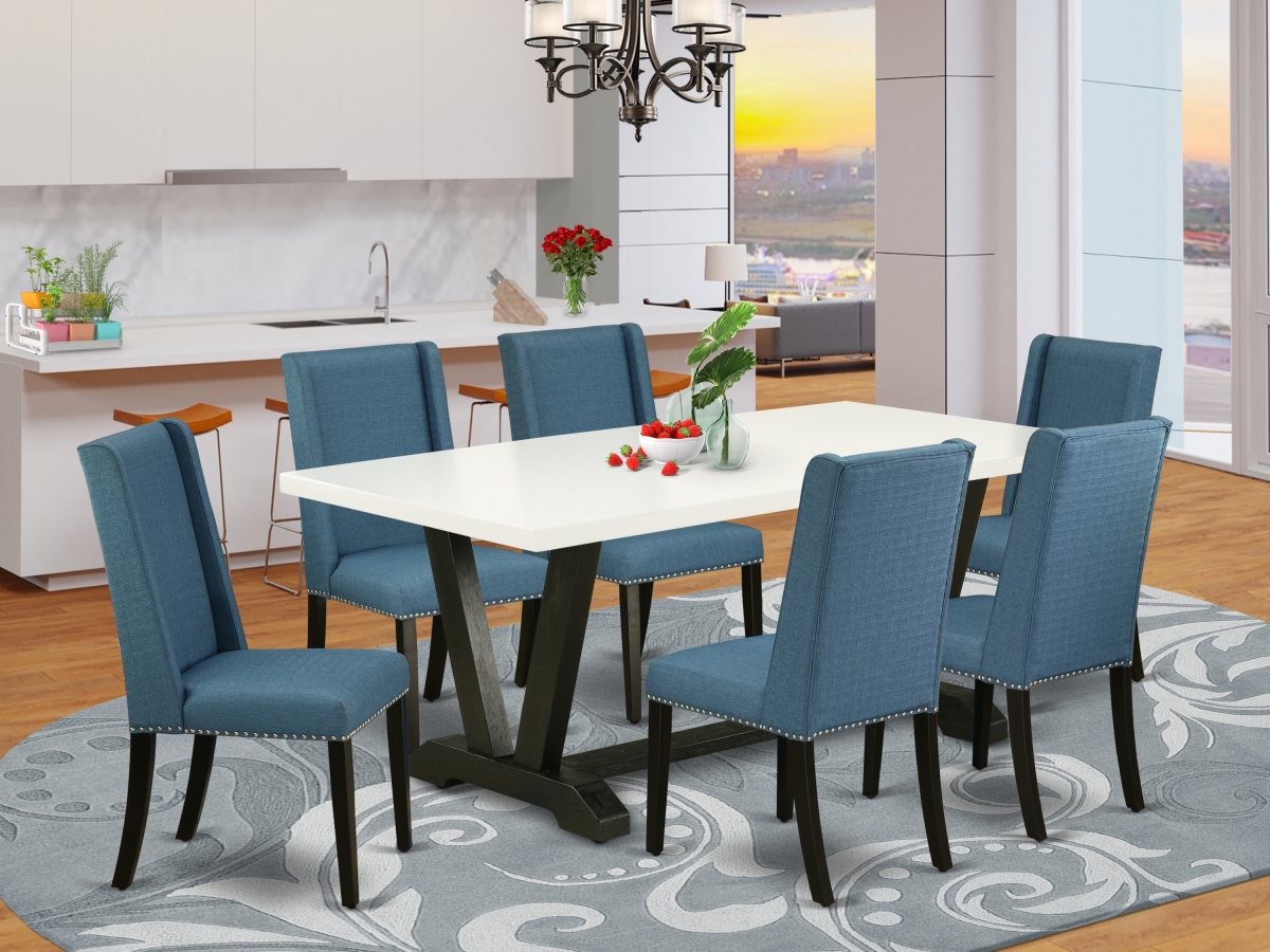 7 Piece V-Style Amazing Kitchen Table Set - Mineral Blue, Linen White & Wire Brushed Black