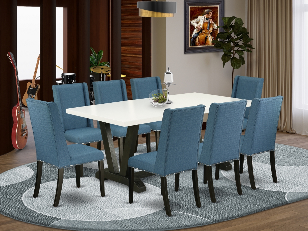 9 Piece V-Style Stylish Kitchen Table Set - Mineral Blue, Linen White & Wire Brushed Black