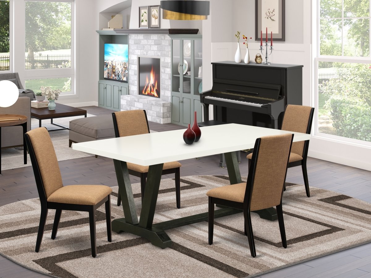 V627LA147-5 5 Piece V-Style Awesome Rectangular Dining Room Table Set - Light Sable, Linen White & Wire Brushed Black -  East West Furniture