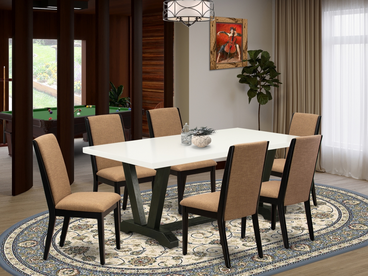 7 Piece V-Style Gorgeous Dining Table Set - Light Sable, Linen White & Wire Brushed Black