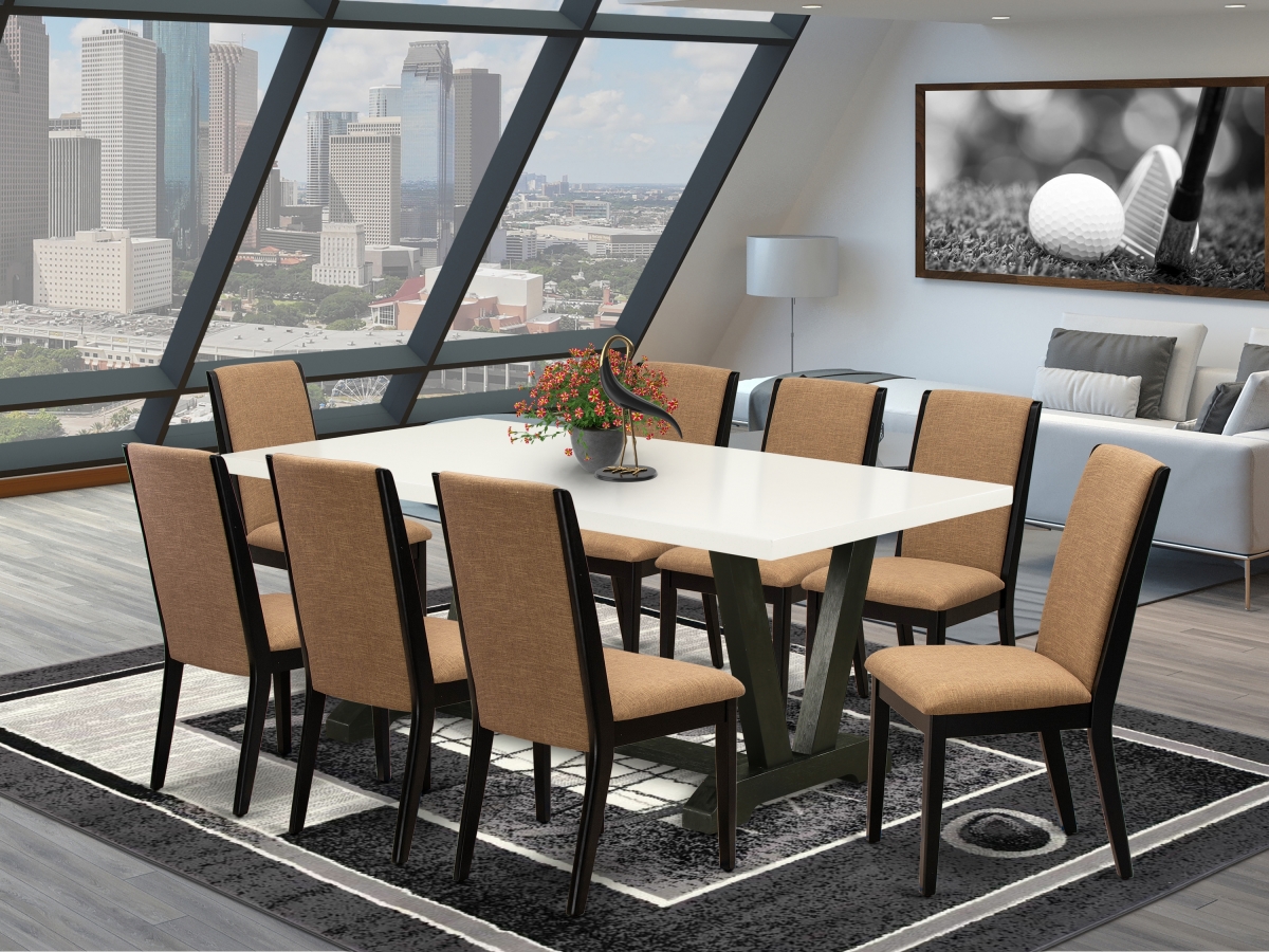 9 Piece V-Style Amazing Dinette Set - Light Sable, Linen White & Wire Brushed Black
