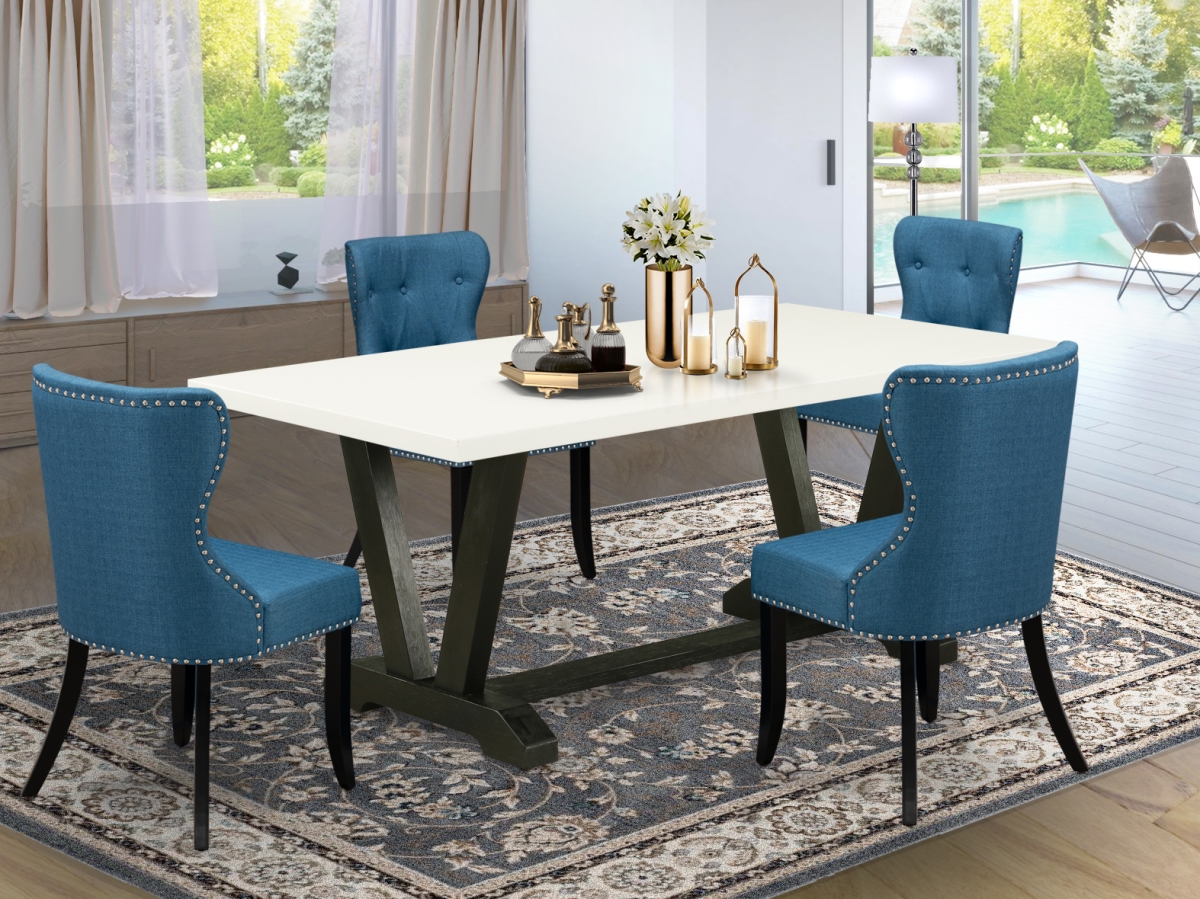 V627SI121-5 3 Piece V-Style Parson Dining Chairs with Blue Linen Fabric Seat & Button Tufted Chair Back, Linen White & Black