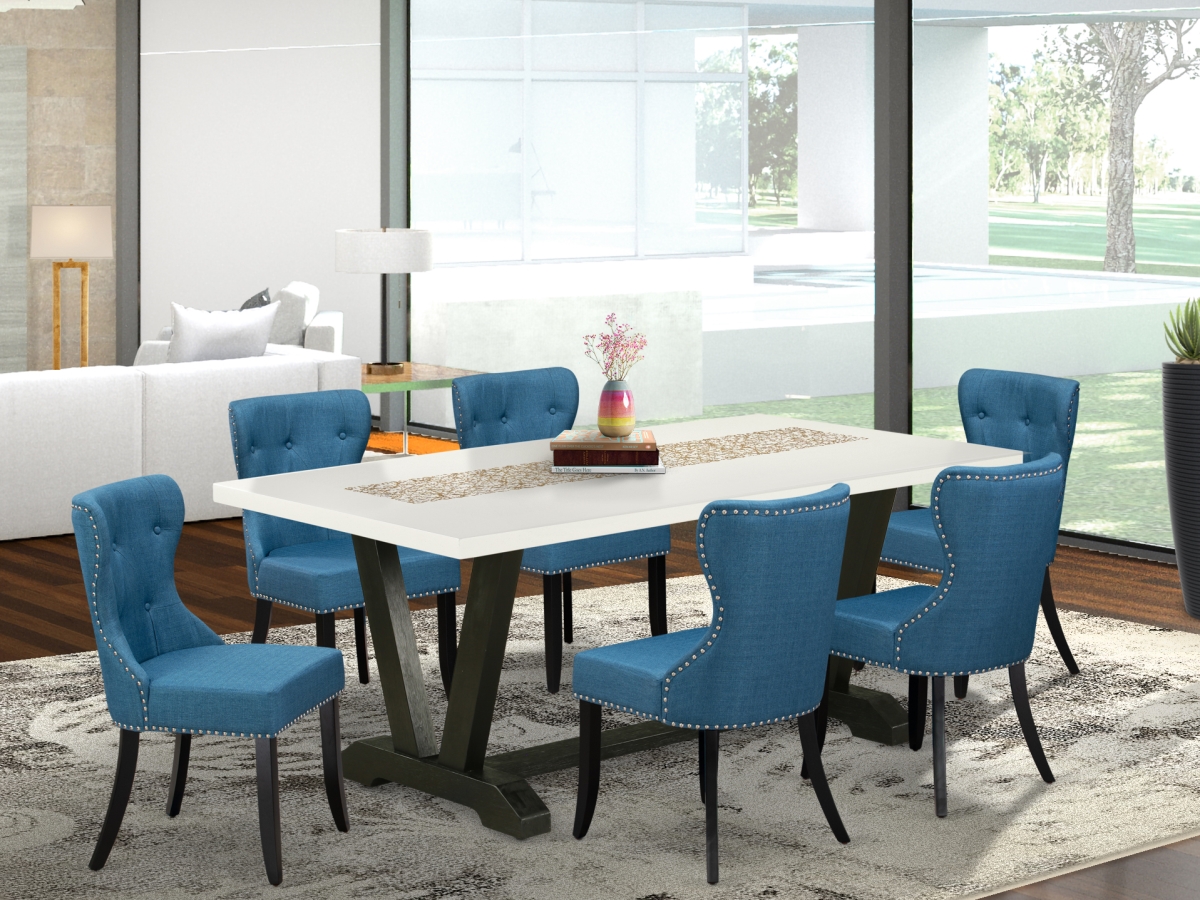 7 Piece V-Style Dinette Set - Linen White & Black