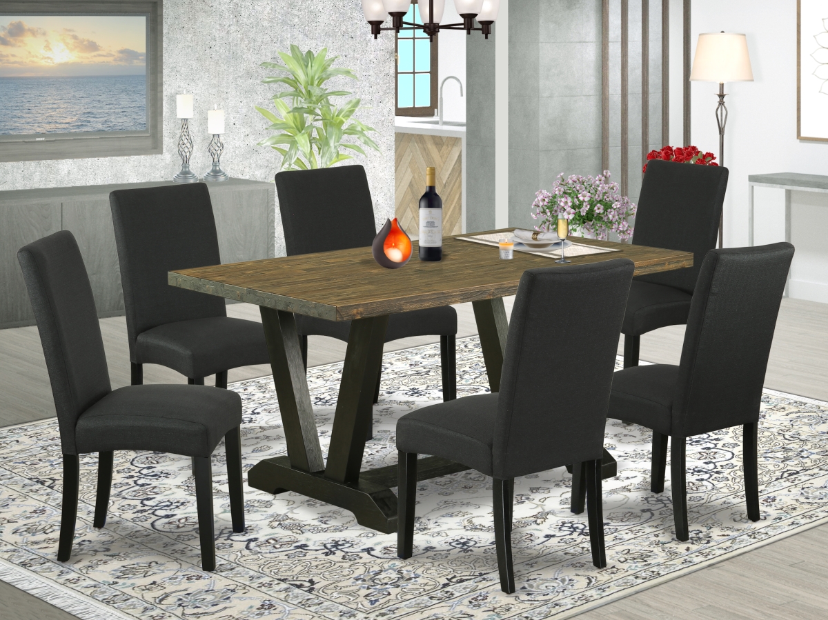 7 Piece V-Style Kitchen Dining Set - Distressed Jacobean & Black