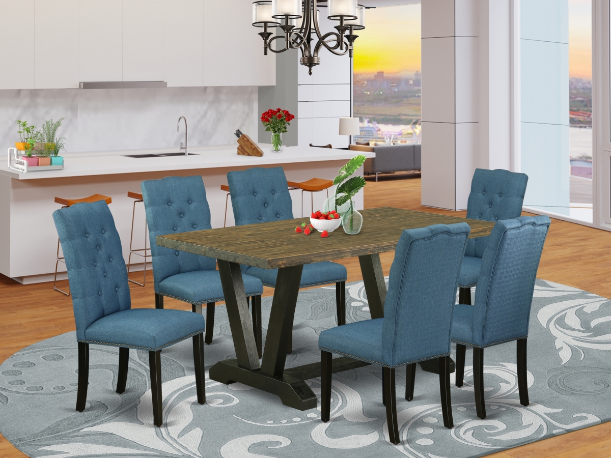 7 Piece V-Style Fashionable Dining Set - Mineral Blue, Distressed Jacobean & Wire Brushed Black