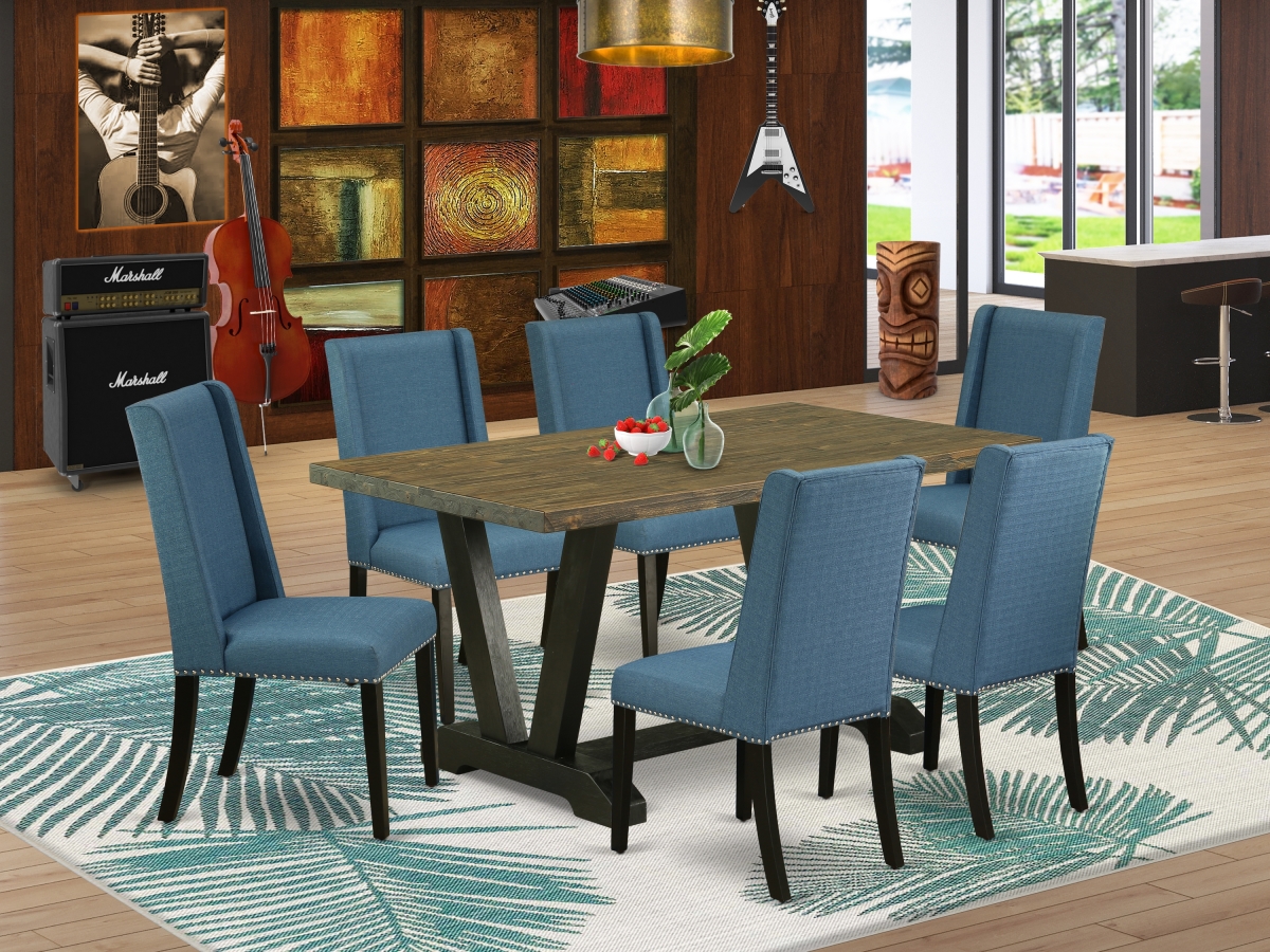 7 Piece V-Style Stylish Dining Room Set - Mineral Blue, Distressed Jacobean & Wire Brushed Black