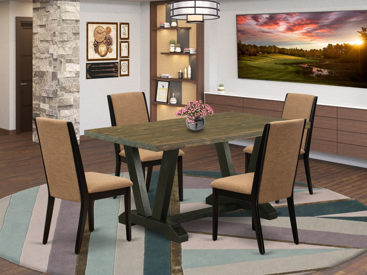 5 Piece V-Style Beautiful Dinette Set - Light Sable, Distressed Jacobean & Wire Brushed Black