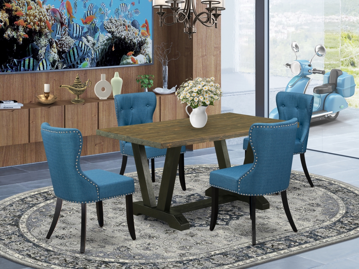 5 Piece V-Style Dining Room Set - Distressed Jacobean & Black
