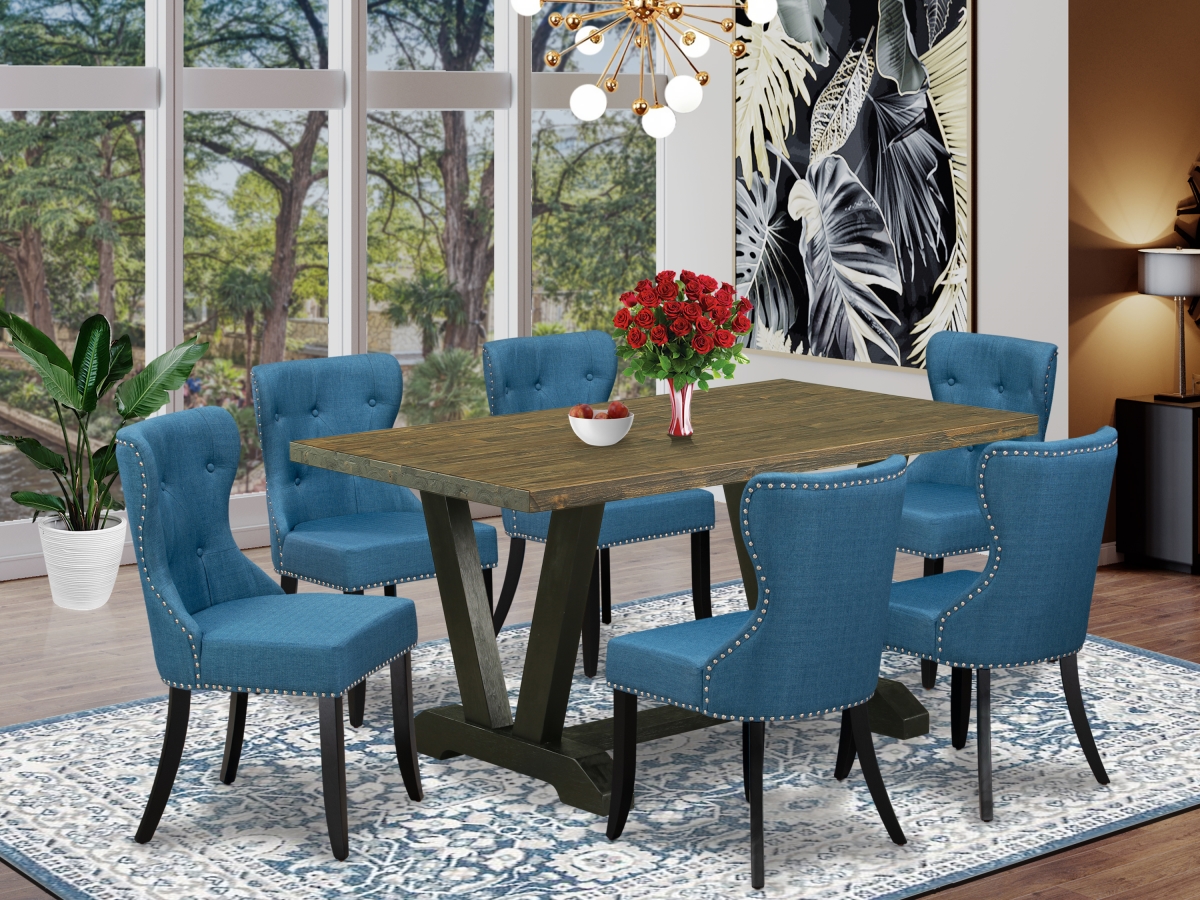 7 Piece V-Style Dinette Room Set - Distressed Jacobean & Black