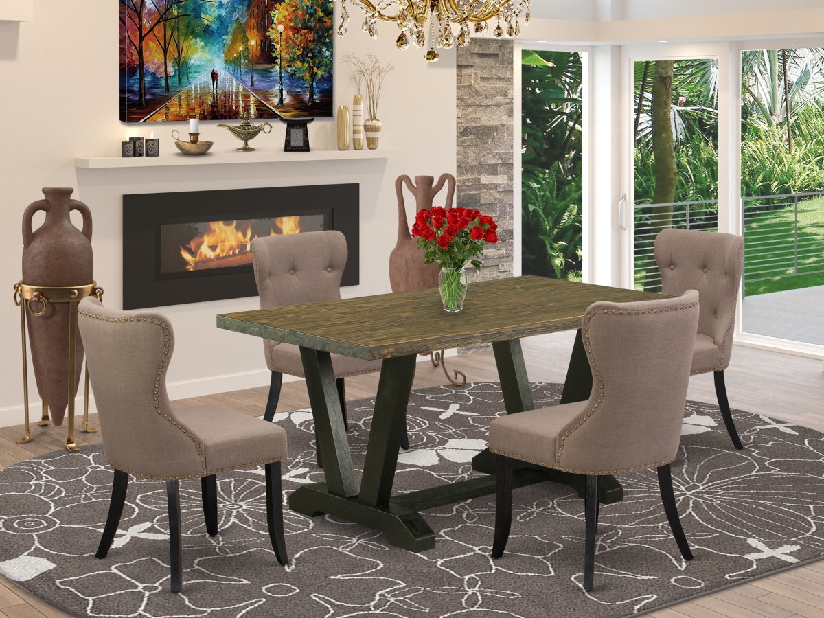 5 Piece V-Style Dining Table Set - Wire Brushed Black