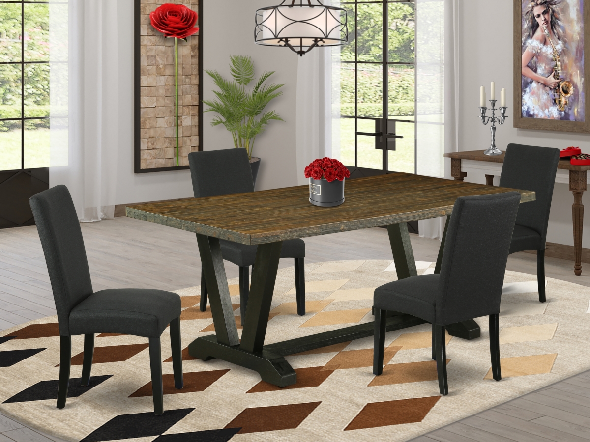 5 Piece V-Style Dining Room Table Set - Distressed Jacobean & Black