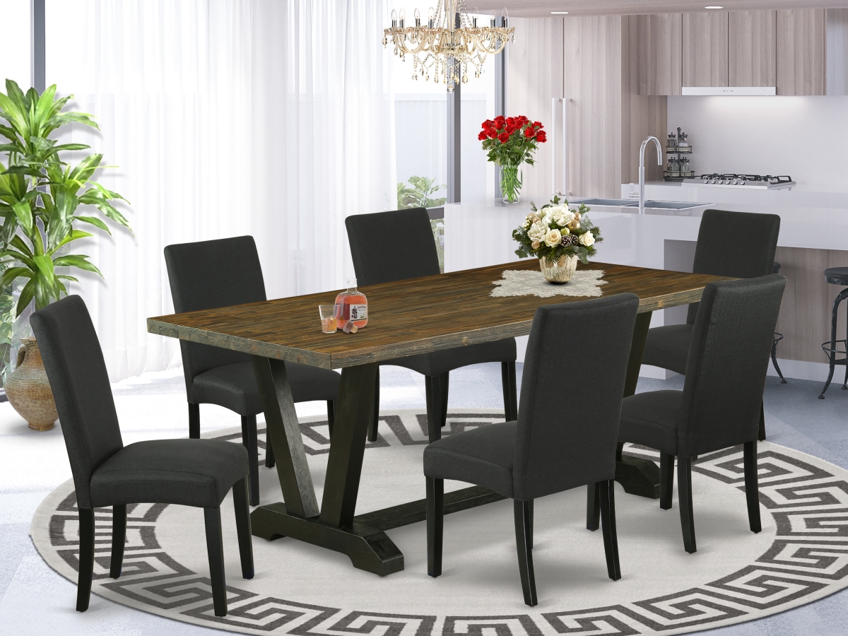 7 Piece V-Style Dining Room Set - Distressed Jacobean & Black
