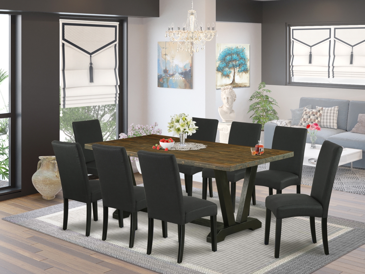 9 Piece V-Style Modern Dining Table Set - Distressed Jacobean & Black