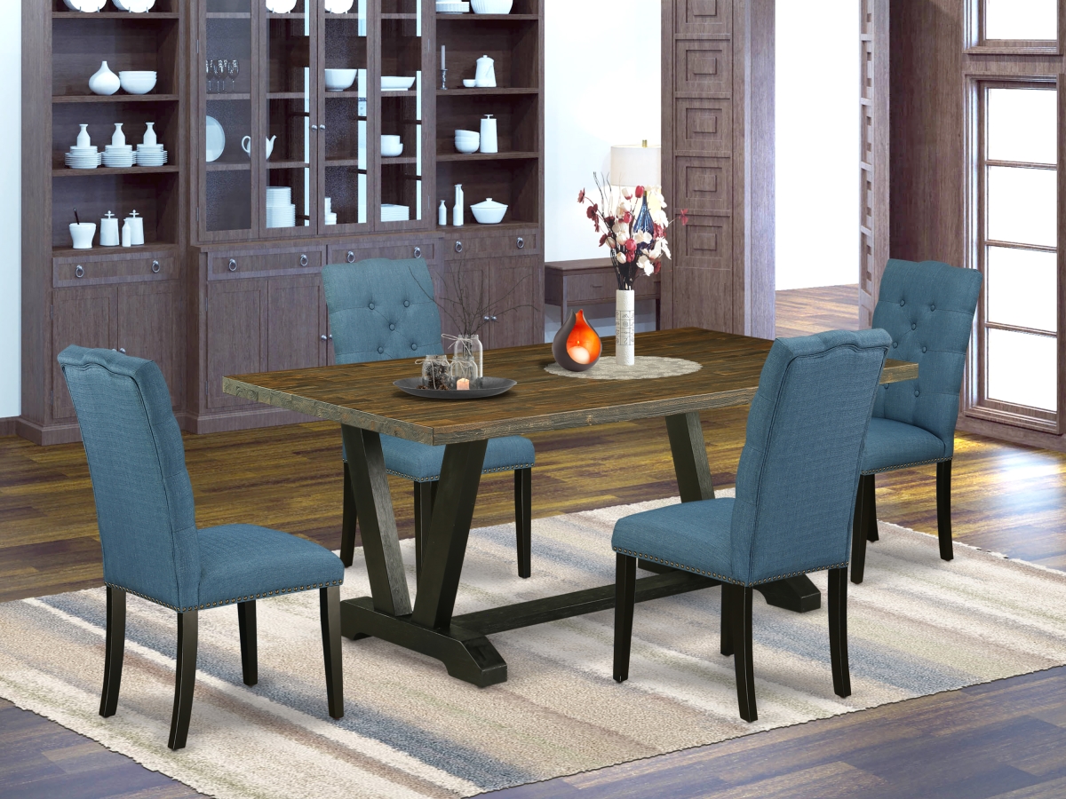 5 Piece V-Style Amazing Dining Room Set - Mineral Blue, Distressed Jacobean & Wire Brushed Black