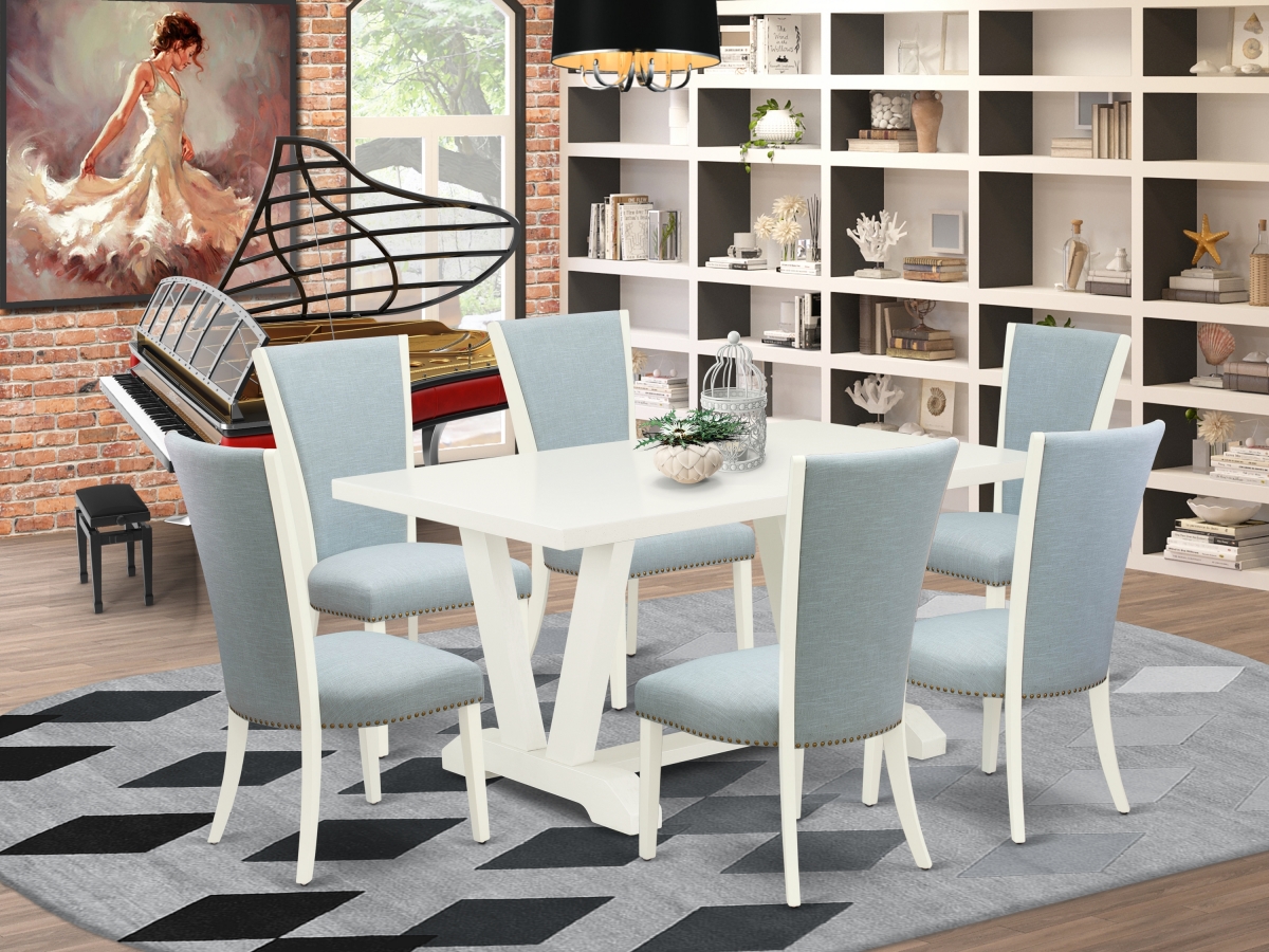 7 Piece V-Style Dining Room Table Set - Linen White