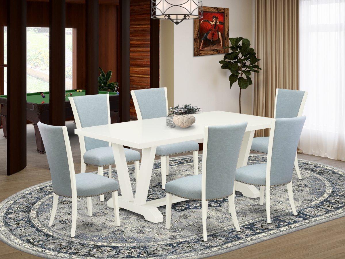 7 Piece V-Style Mid Century Dining Set - Linen White