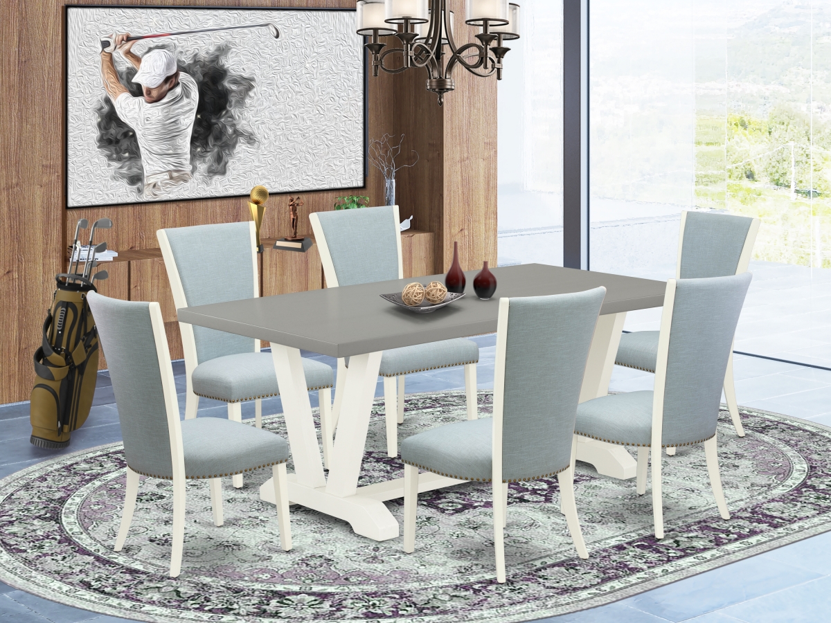 7 Piece V-Style Modern Dining Table Set - Linen White