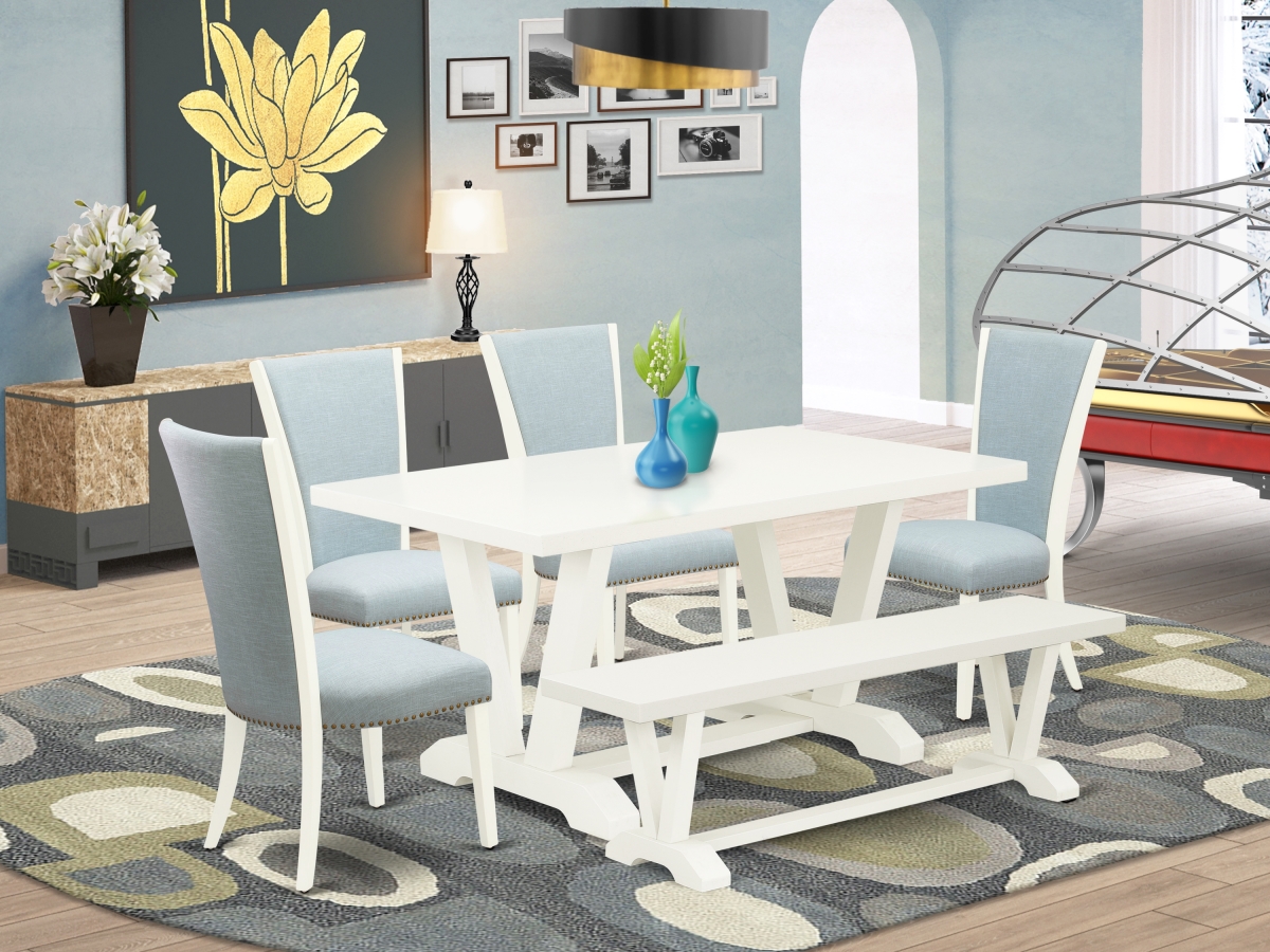 6 Piece V-Style Dining Room Table Set - Linen White