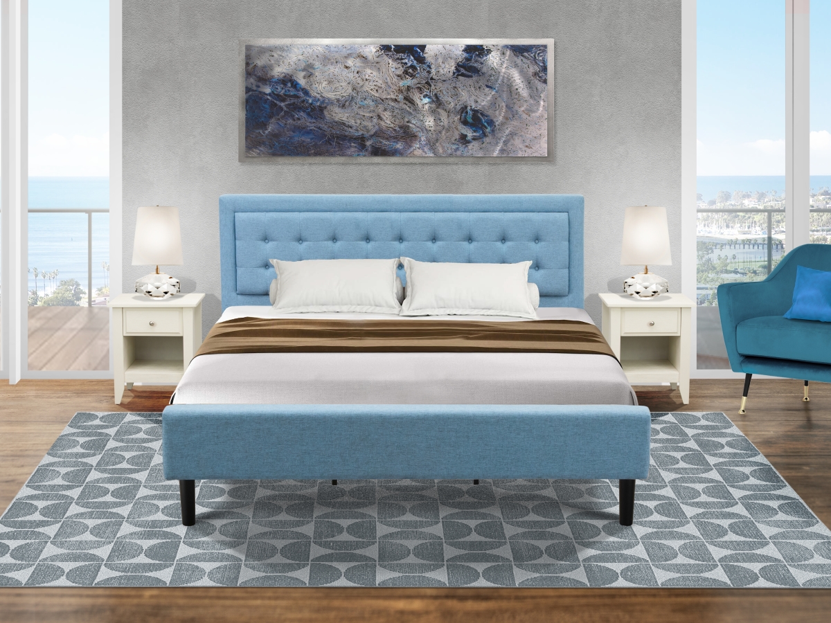 3 Piece Fannin Platform King Size Bedroom Set - Denim Blue, Black & Wire Brushed Butter Cream