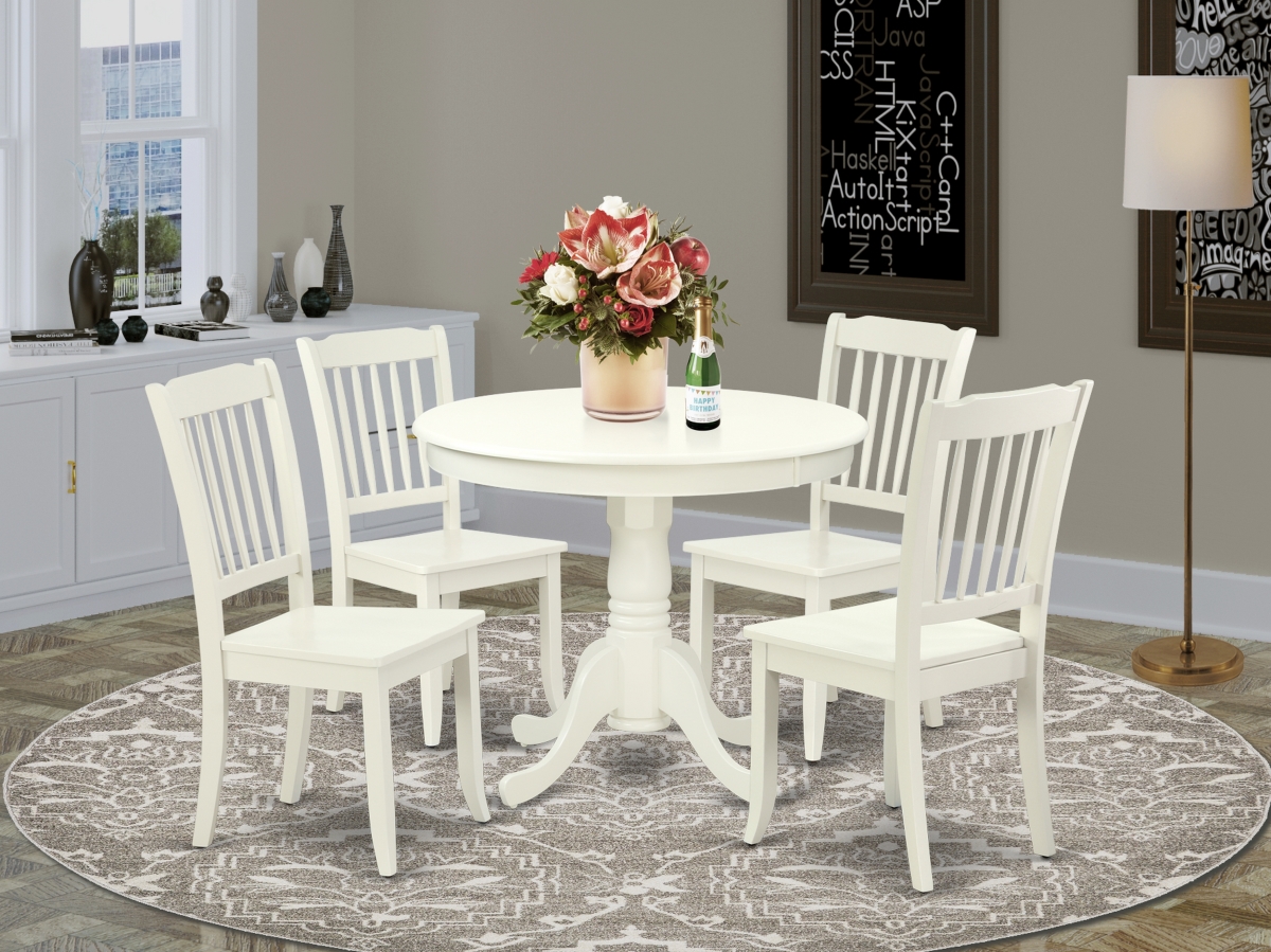 36 in. Antique Round Table & 4 Vertical Slatted Chairs - Linen White, 5 Piece