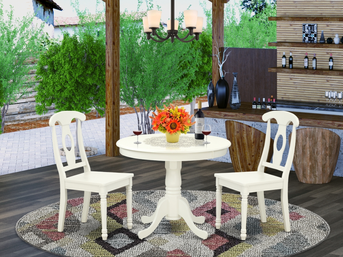 ANKE3-LWH-W 36 in. Antique Round Table & 2 Panel Back Chairs - Linen White, 3 Piece